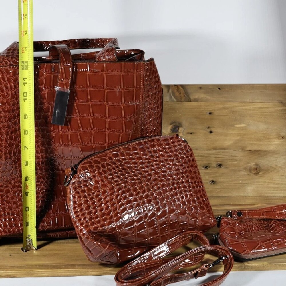 HARPER & HYDE 3Pcs Brown Croc Embossed Vegan Leather Tote Crossbody Bag,2 sm bag - Picture 2 of 7
